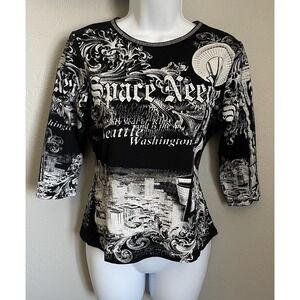 Big Bang Shirt Womens Medium Black White Studded‎ 3/4 Sleeve Too Space Needle
